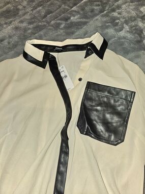 NWT Express Sheer Cream Button-up Shirt with Black Leather Trim